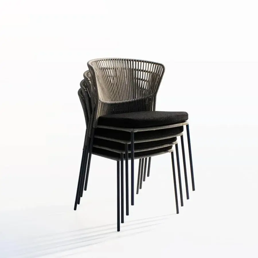 Superior Potocco Ola chair with organically curved silhouette, handwoven gray “Fly” ribbon and matte black tubular metal frame