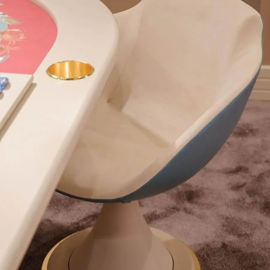 Exclusive Vismara Shell armchair built in light beige Eco Nabuk and Top Grain leather with a blue accent and lacquered wood base