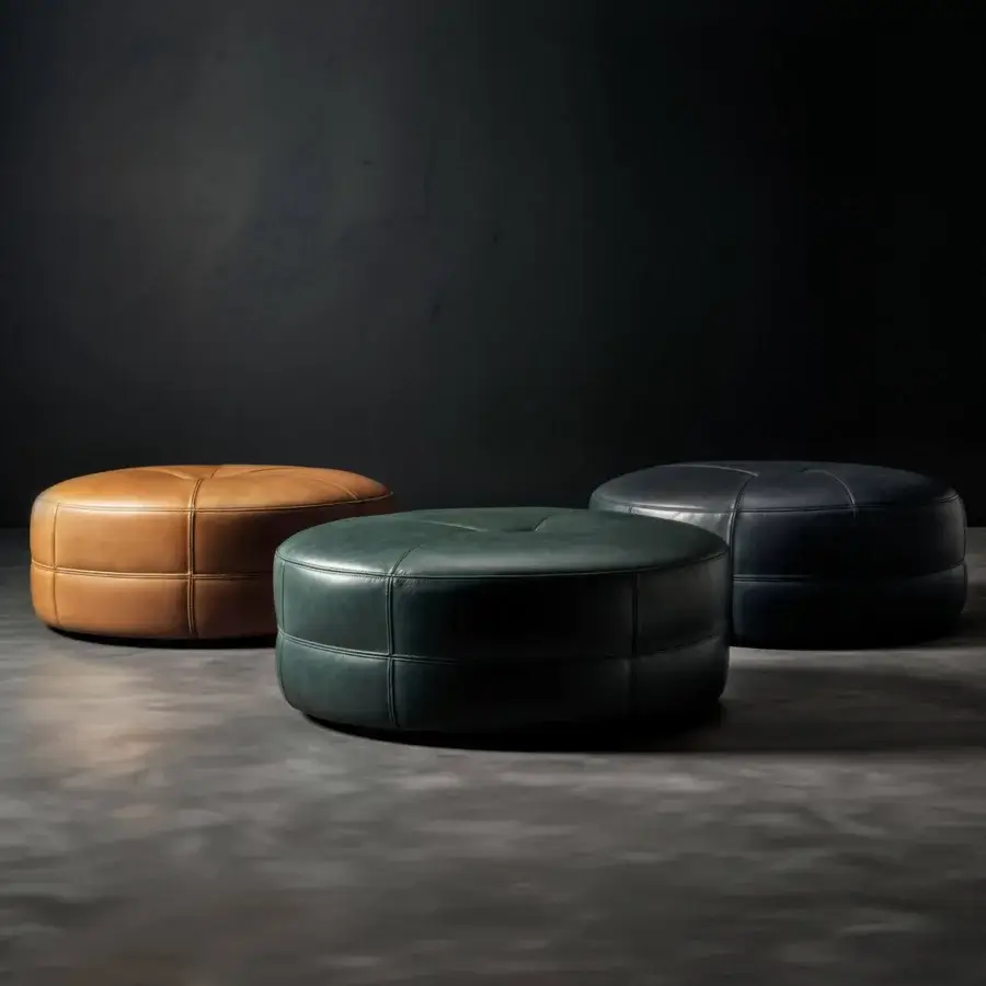 Distinctive WAYNE Enterprises WE-147 ottoman with teal green leather-like textile and central button detail crafted in Italy