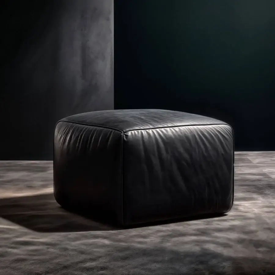 Exceptional Wayne Enterprises WE-144 ottoman crafted in black leather with a lacquered base and matte finish