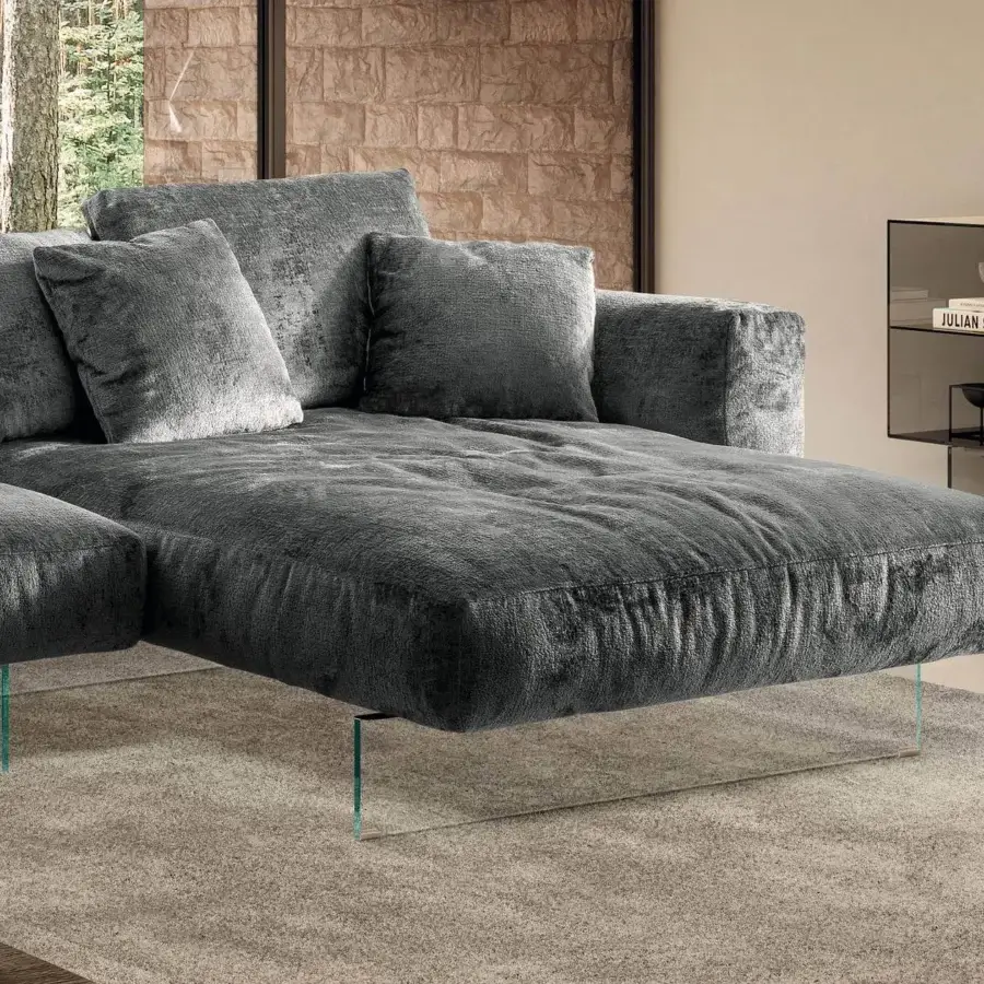 Exceptional Lago Air Soft sectional with medium gray textile upholstery and innovative glass legs crafted in Italy