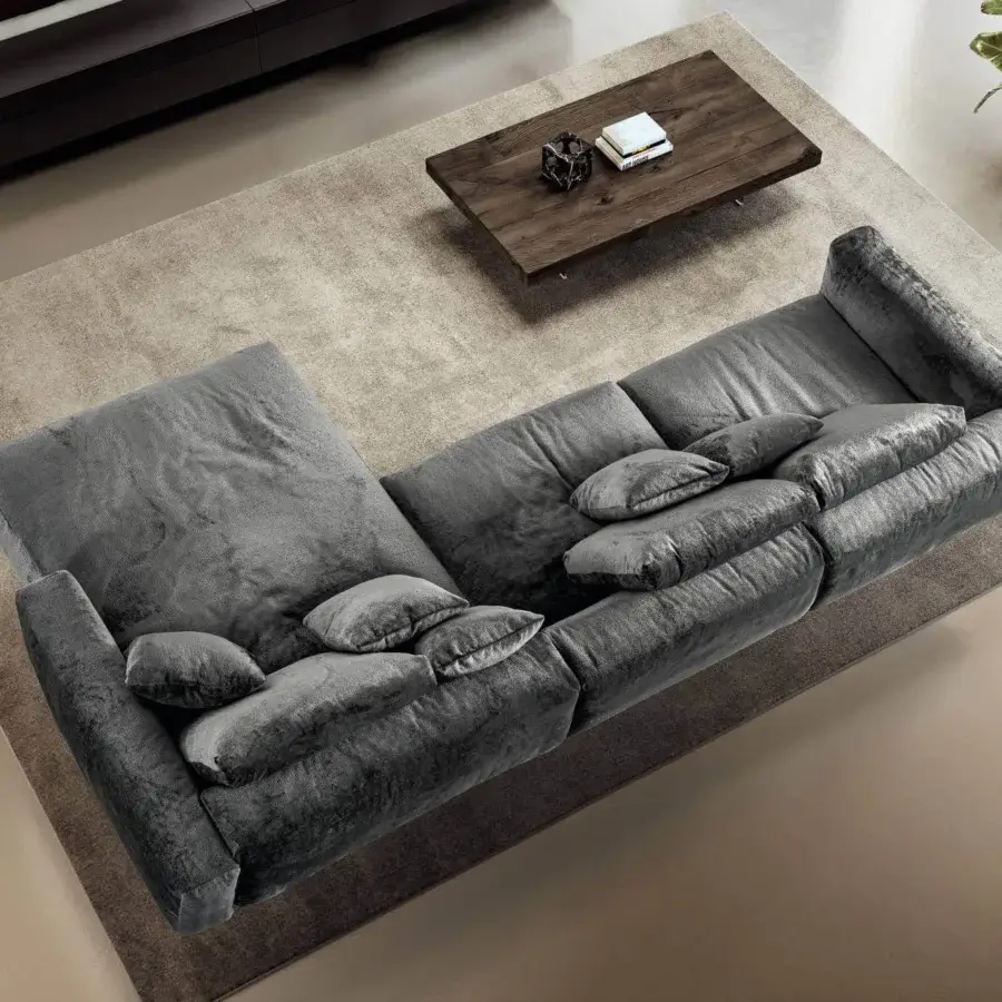 Distinguished Lago Air Soft sectional with soft gray velvet forms and tempered glass supports crafted in Italy