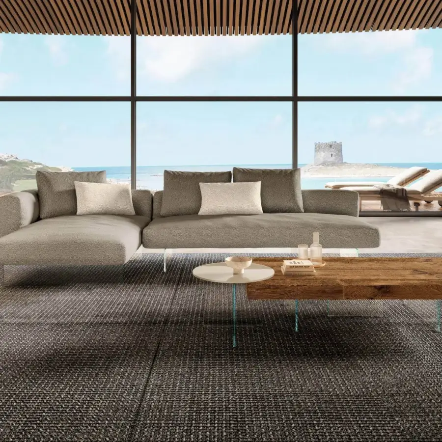 Superior Lago Air Soft sectional with neutral gray-beige textured textile upholstery and transparent glass legs