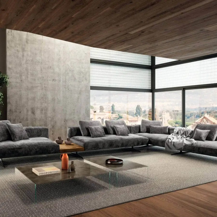 Superior Lago Air Soft sectional with dark gray plush fabric upholstery and a low metal base