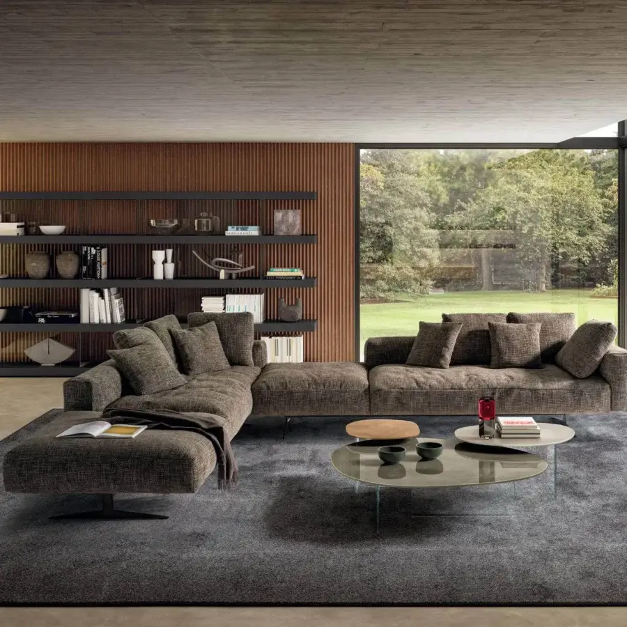 Exceptional Lago Air Soft sectional with medium gray-brown textile upholstery and ethereal steel support with a matte finish