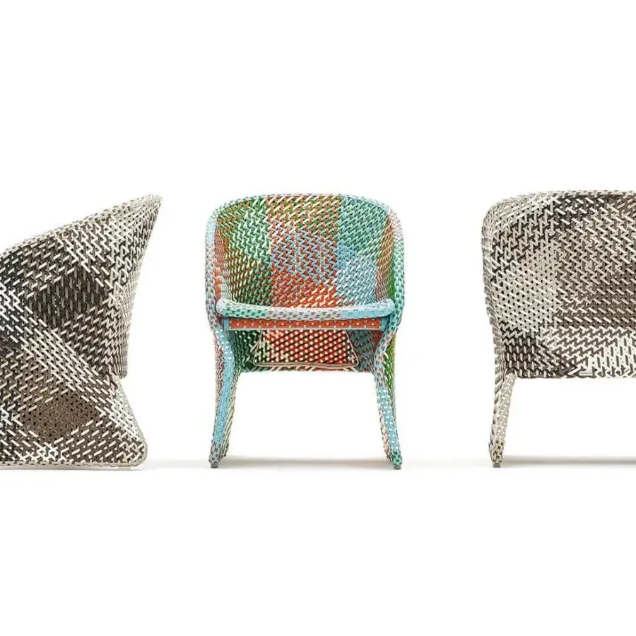 Exceptional Varaschin Maat armchair with vibrant orange, green, and blue woven synthetic fiber and powder-coated aluminum frame