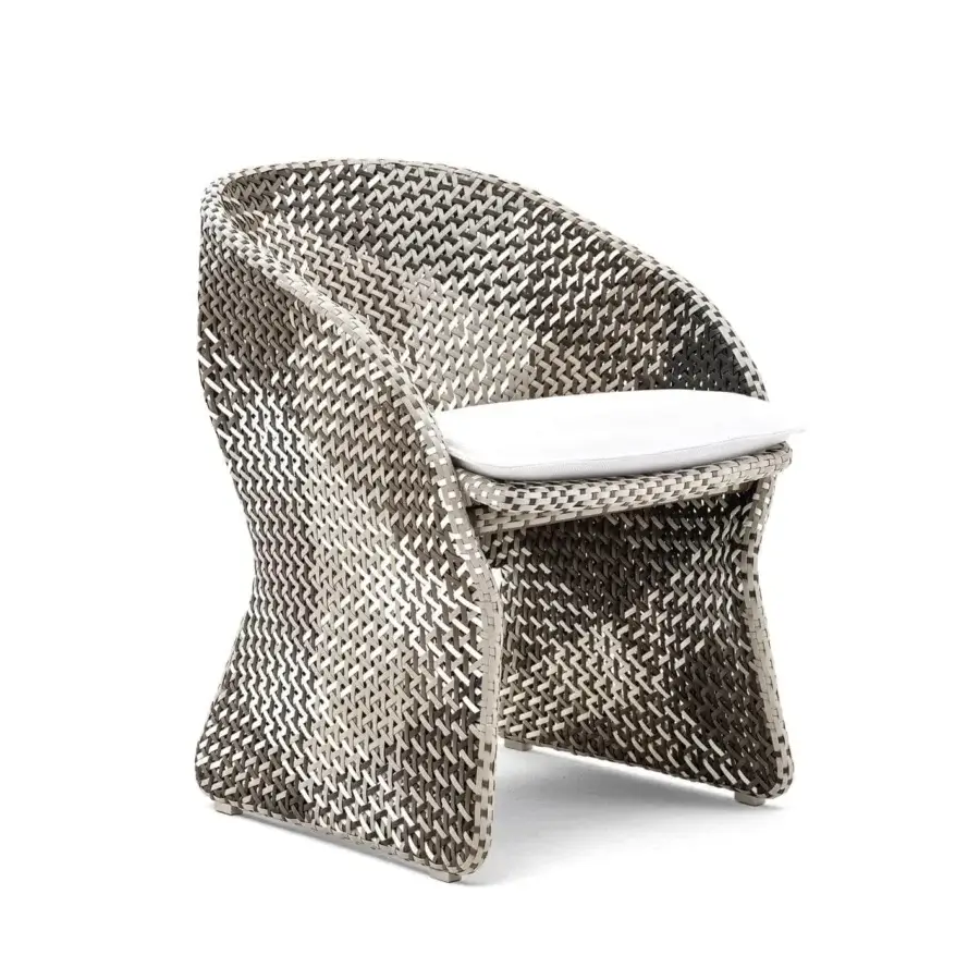 Superior Varaschin Maat armchair crafted with light beige, gray, and dark brown hand-woven synthetic fiber and powder-coated aluminum frame
