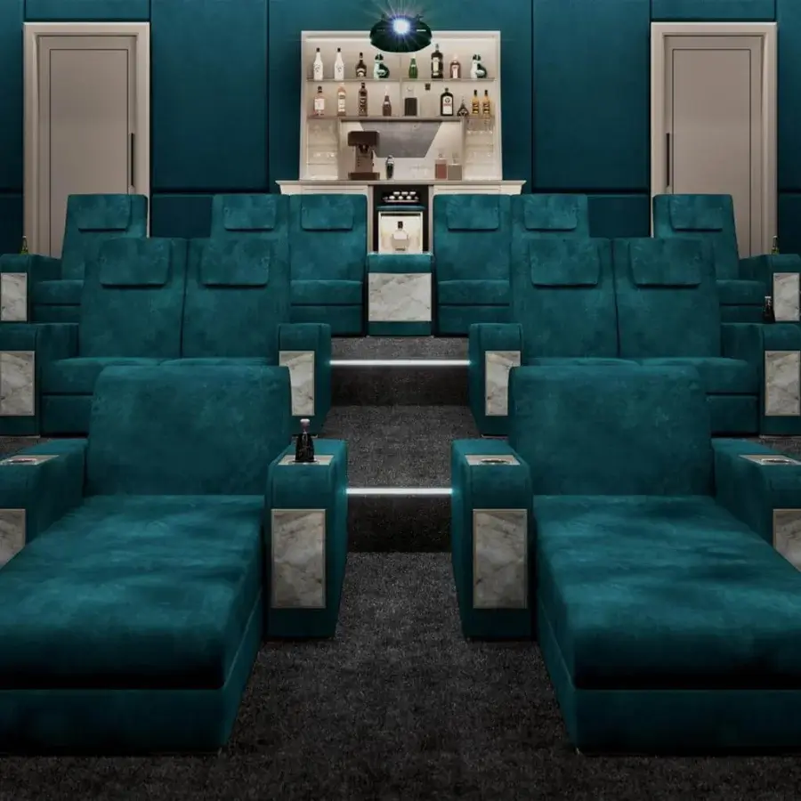 Exceptional Vismara Comfort home cinema seating upholstered in plush teal fabric with lacquered wood finish