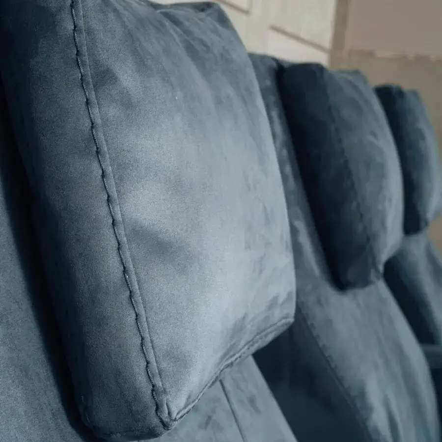Distinguished Vismara Comfort home cinema seating upholstered in muted blue plush textile with a matte finish
