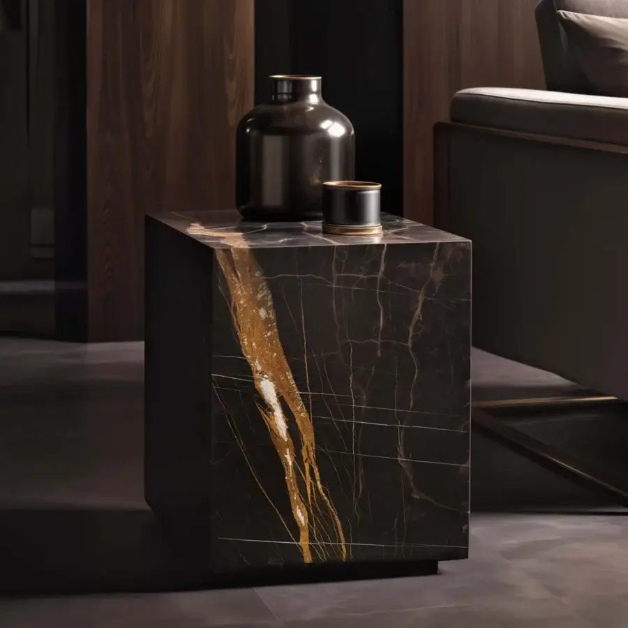 Marble side table with dark brown veining and cylindrical gray and bronze vessels on its surface, in a dimly lit interior.