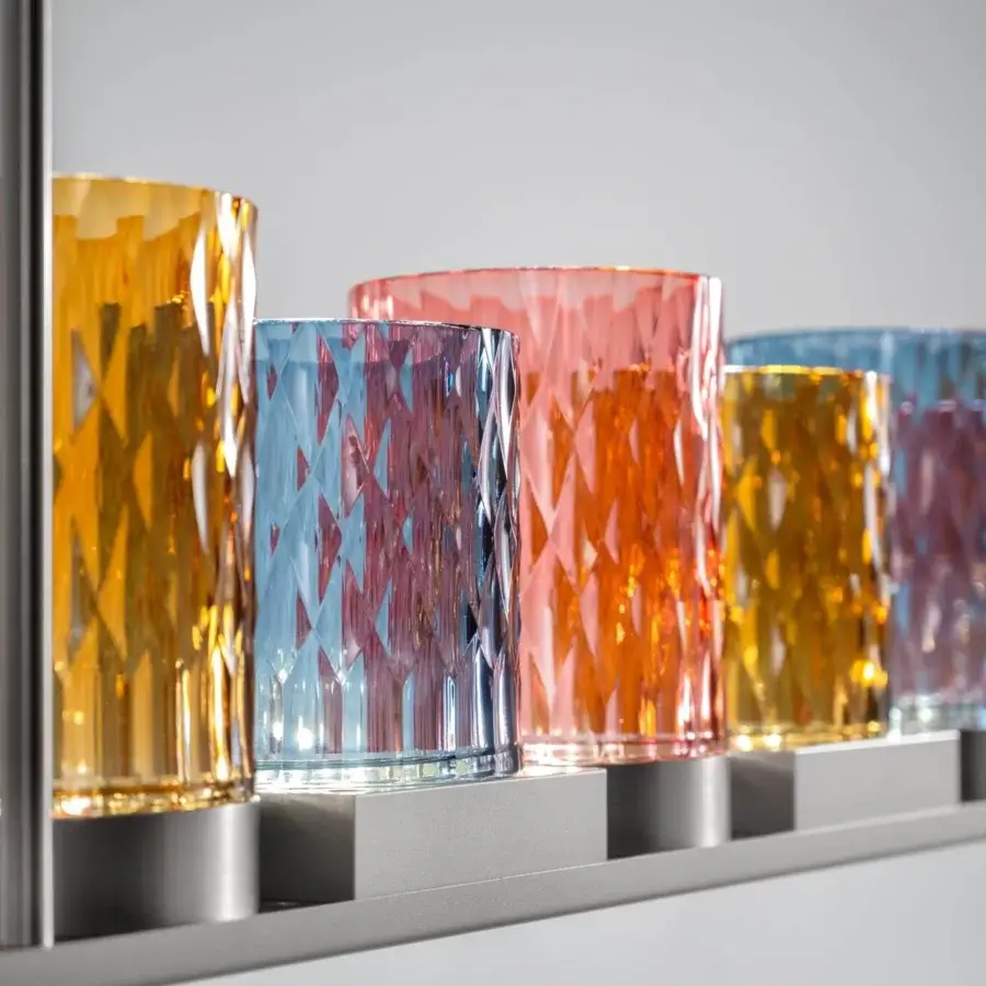 Exceptional Italamp Galatea suspension lamp with metal structure supporting hand-cut crystal diffusers in amber, blue and coral hues