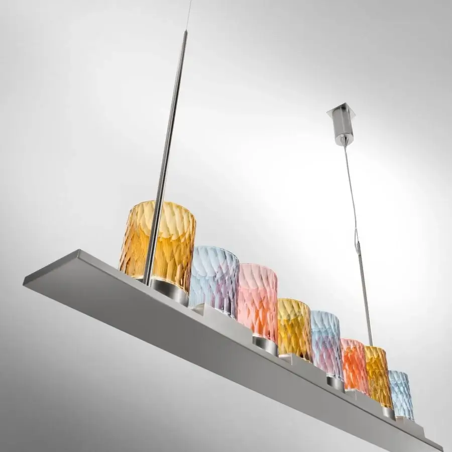 Superior Italamp Galatea suspension lamp with metal structure and hand-cut crystal diffusers in soft red, soft blue, and mustard hues