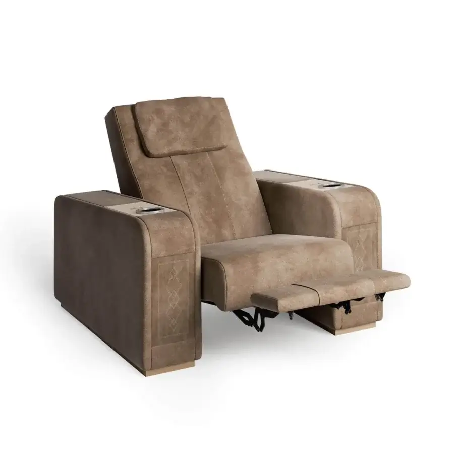 Distinguished Vismara Comfort home cinema seating in brown textile with electric reclining and geometric detailing