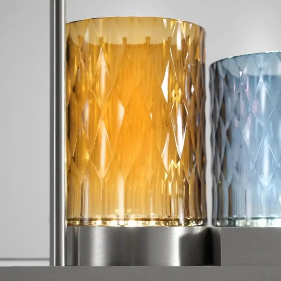 Distinguished Italamp Galatea suspension lamp with metal structure supporting hand-cut crystal diffusers in soft blue and mustard hues