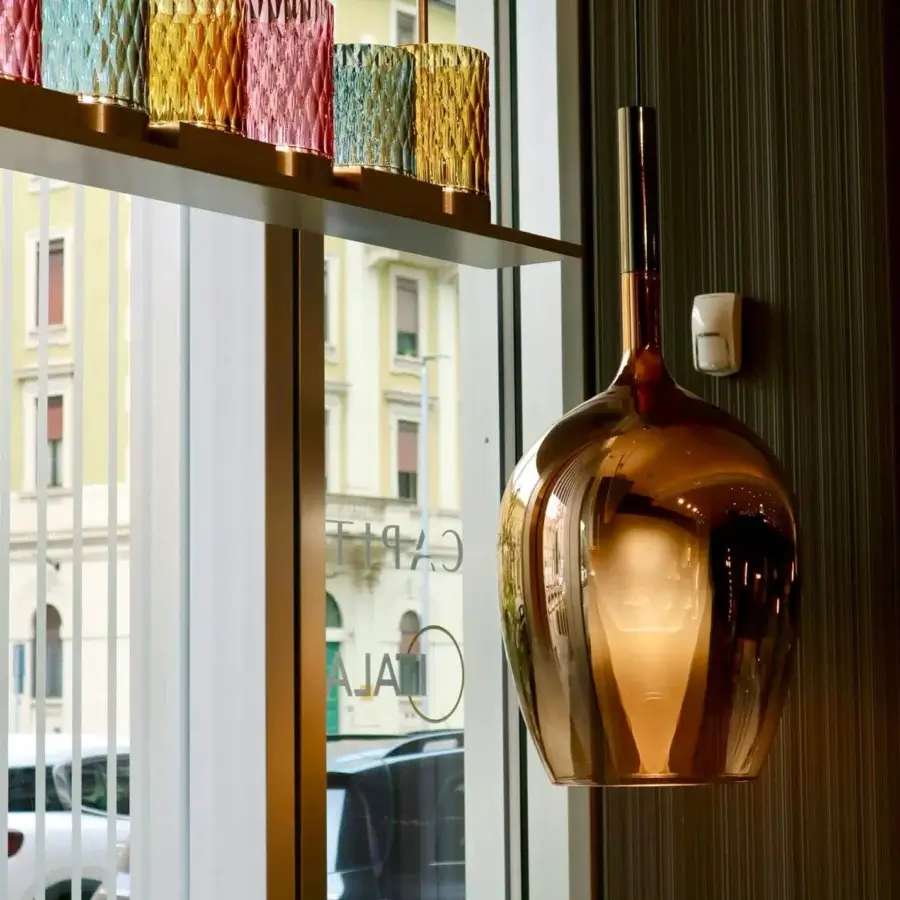 Superior Italamp Galatea suspension lamp with metal structure and hand-cut transparent crystal diffusers in a bronze finish