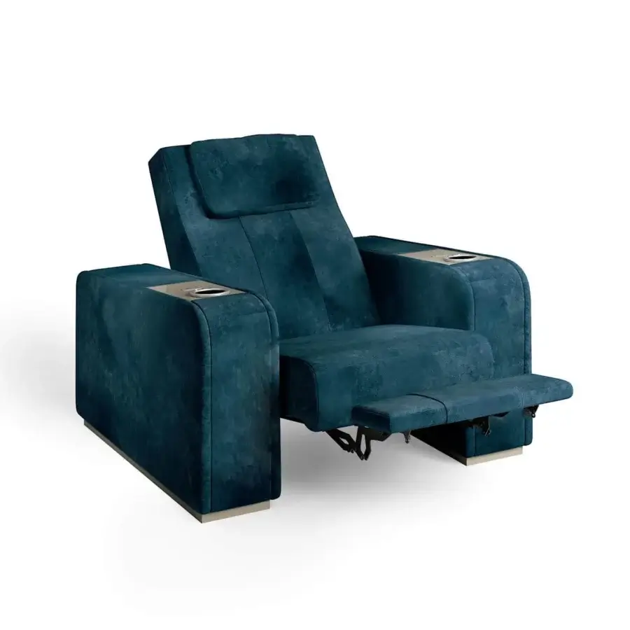 Exceptional Vismara Comfort home cinema seating in deep teal textured textile with lacquered wood armrests and integrated metallic cupholders