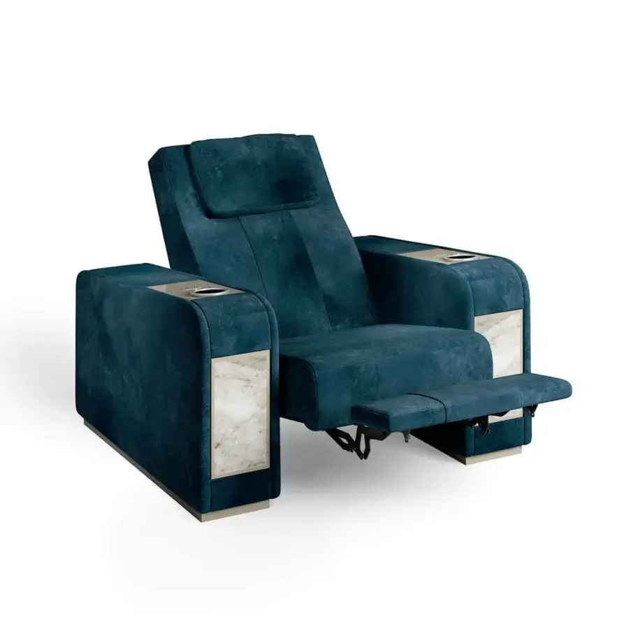 Lavish Vismara Comfort home cinema seating in dark blue fabric with marble-like panels and matte lacquered wood accents