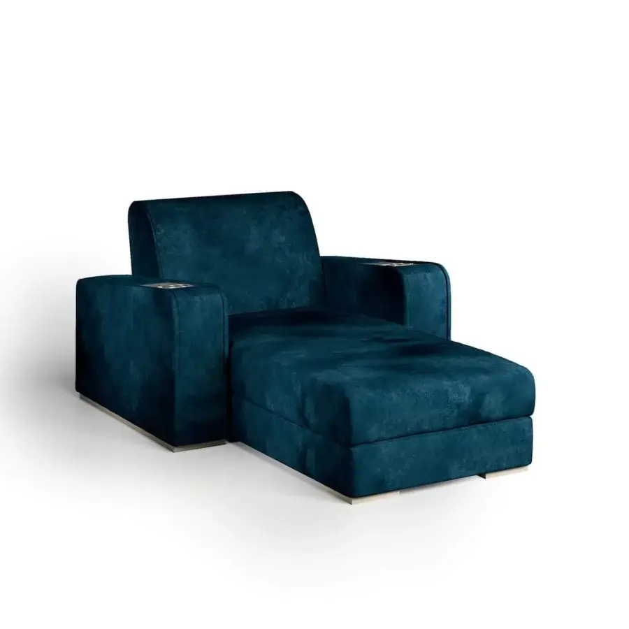 Superior Vismara Comfort home cinema seating in plush deep teal textile with lacquered soft touch wood accents