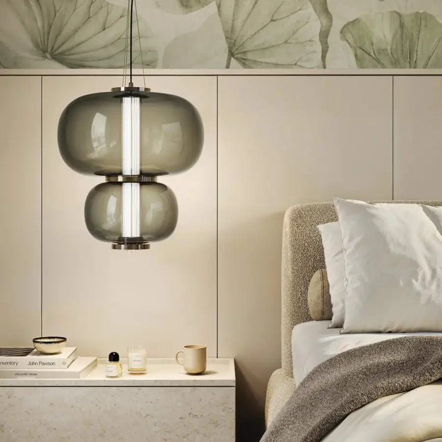 Superior Italamp Nube suspension lamp with smoke gray glass and skilled hand-carved crystal diffuser in iron grey metal finish