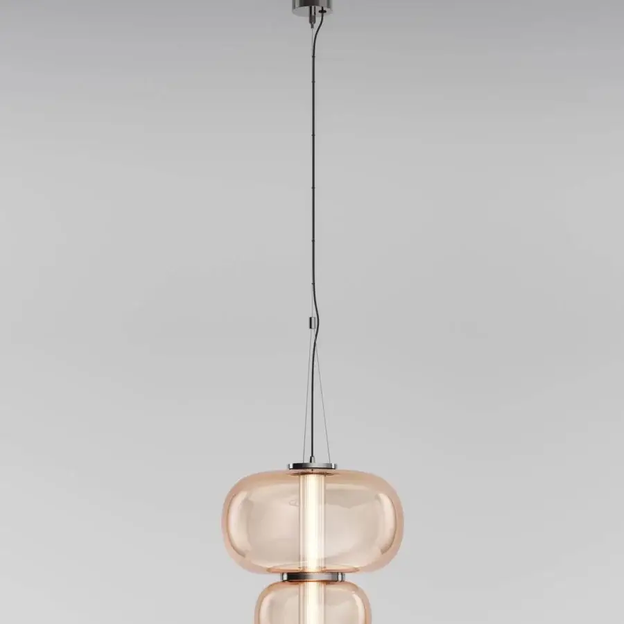 Distinguished Italamp Nube suspension lamp with light amber glass and hand-carved crystal diffuser in iron grey metal