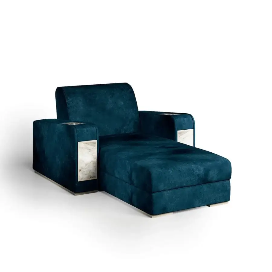 Distinguished Vismara Comfort home cinema seating in deep teal plush fabric with lacquered wood armrests and bold stitching