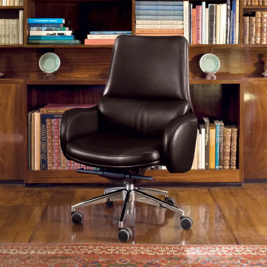 Superior Mascheroni Excellence armchair with dark brown leather and a five-spoke steel base crafted for executive spaces