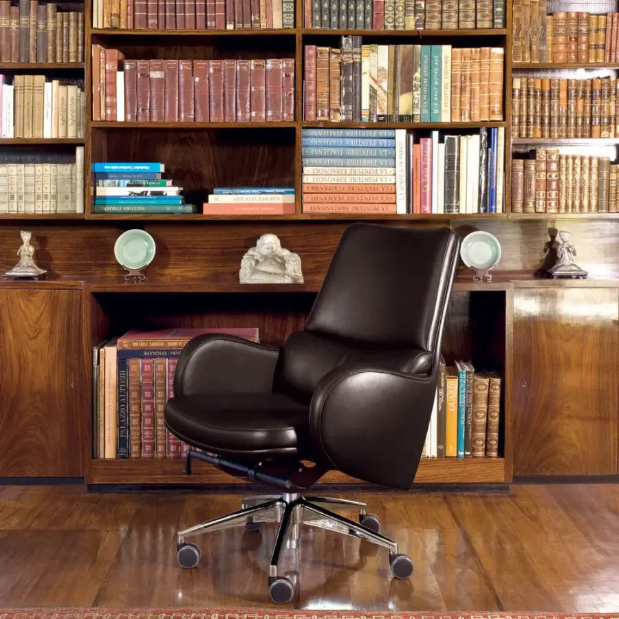 Elegant Mascheroni Excellence armchair in dark brown natural leather with a five-spoke steel base and syncron position adjustment