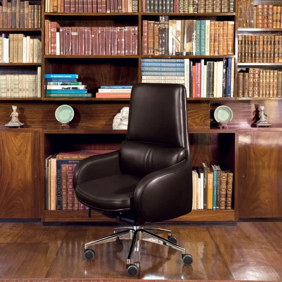 Distinguished Mascheroni Excellence armchair crafted in dark brown natural leather with a curved back and five-spoke steel base