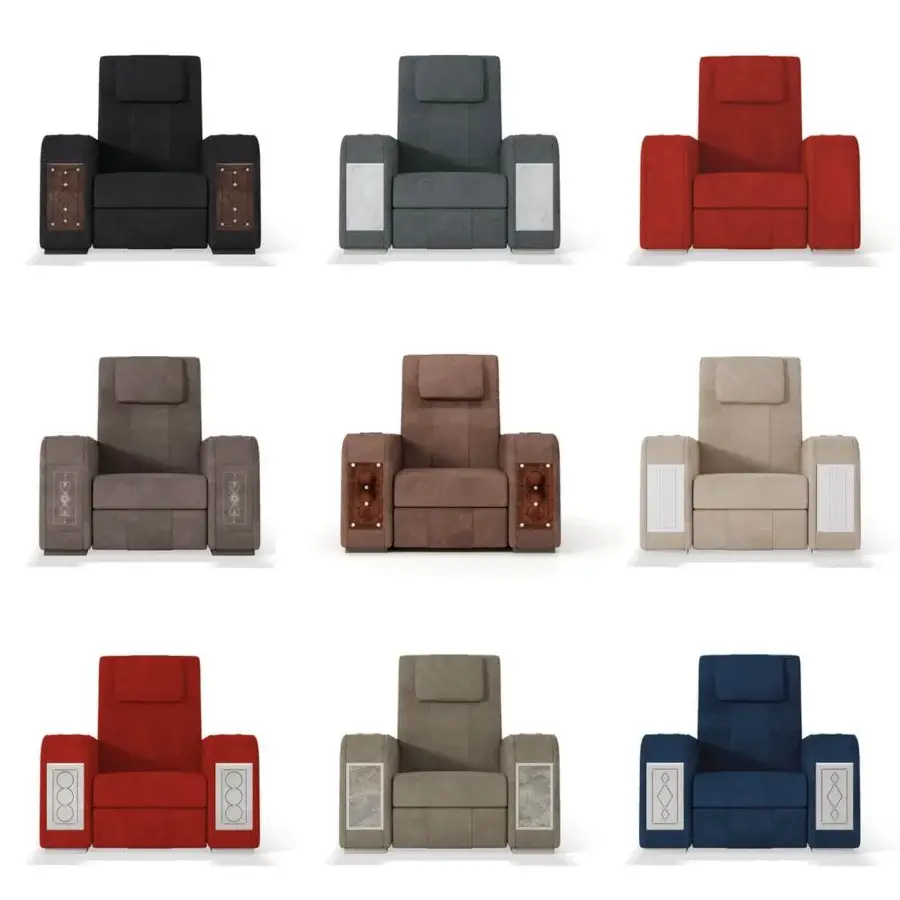 Elegant Vismara Comfort home cinema seating in matte gray textile with lacquered wood armrests and bold stitches