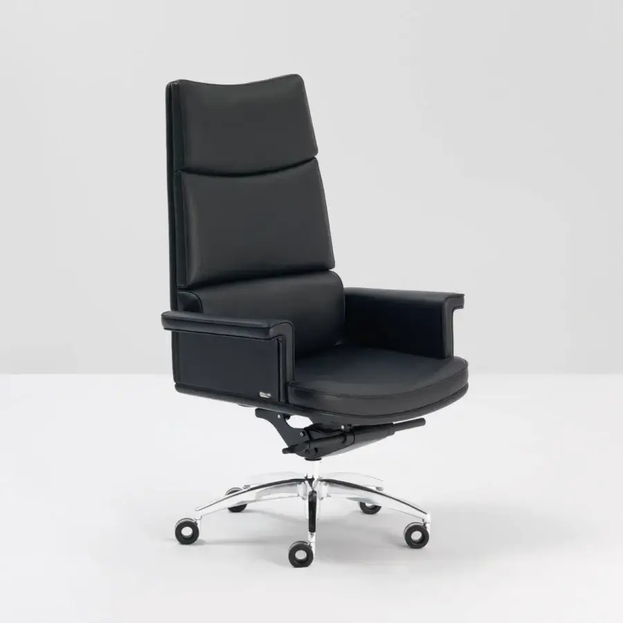 Superior Mascheroni Tripla A armchair crafted in sleek black leather with a chrome-finished steel base on castors for effortless mobility