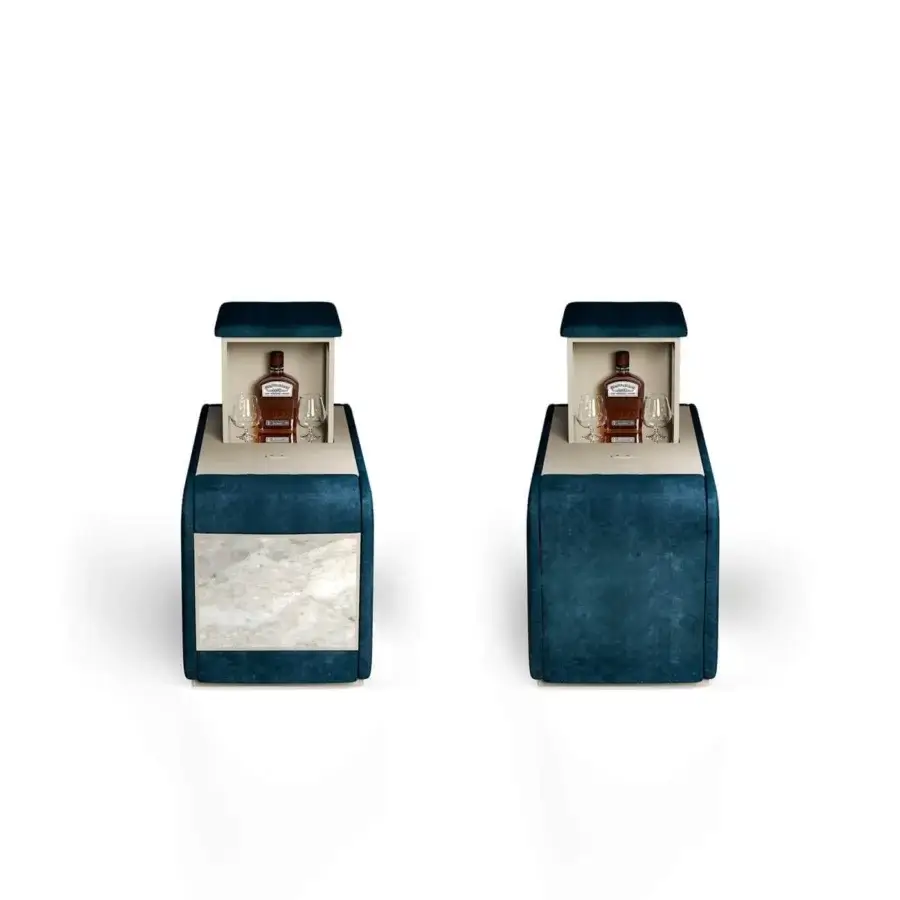 Exceptional Vismara Comfort home cinema seating in deep blue plush textile with lacquered matte wood top