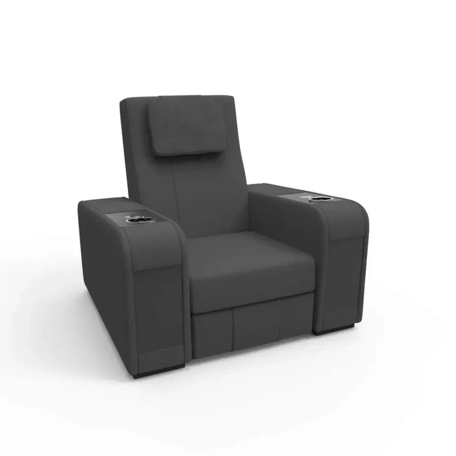 Superior Vismara Comfort home cinema seating in dark gray material with lacquered wood armrests and integrated headrest