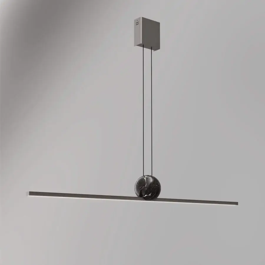 Elegant Italamp Regolo suspension lamp with linear metal structure and white marbled black sphere diffusing integrated LED light