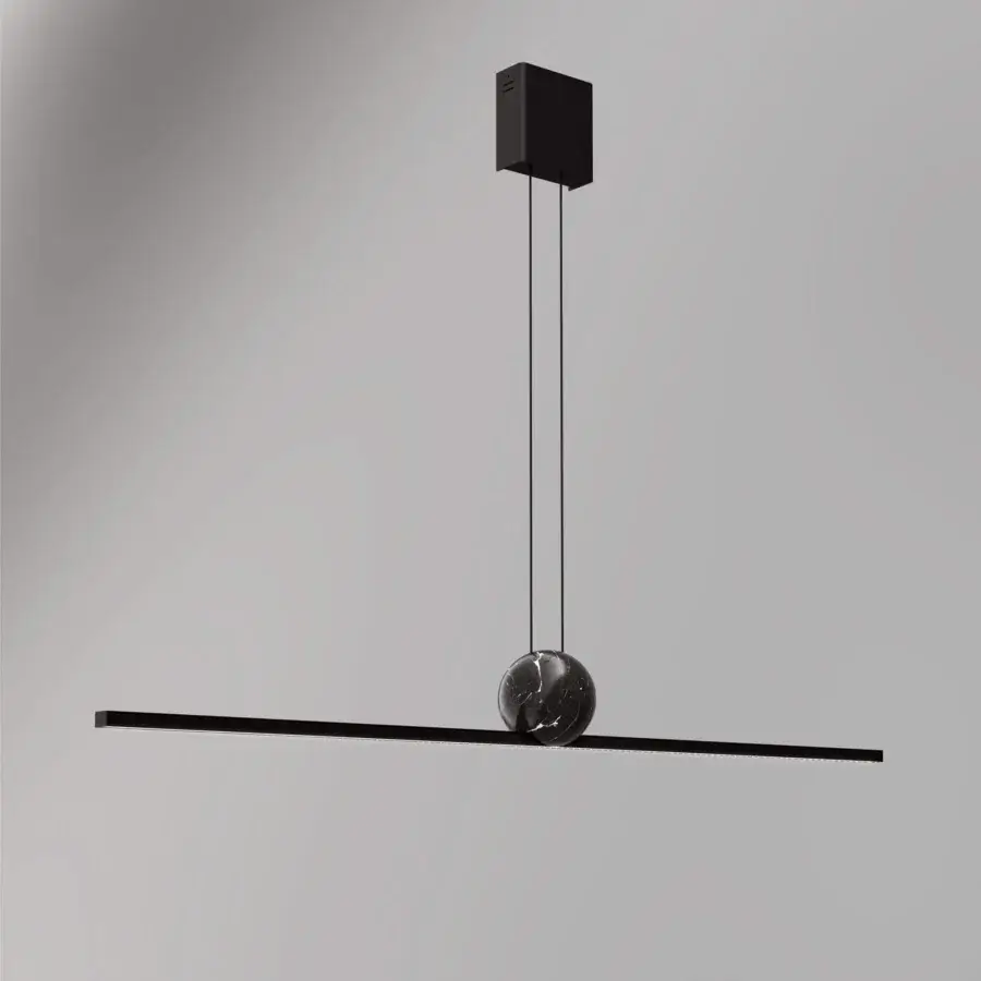 Superior Italamp Regolo suspension lamp with linear metal and a marbled sphere in matte black finish