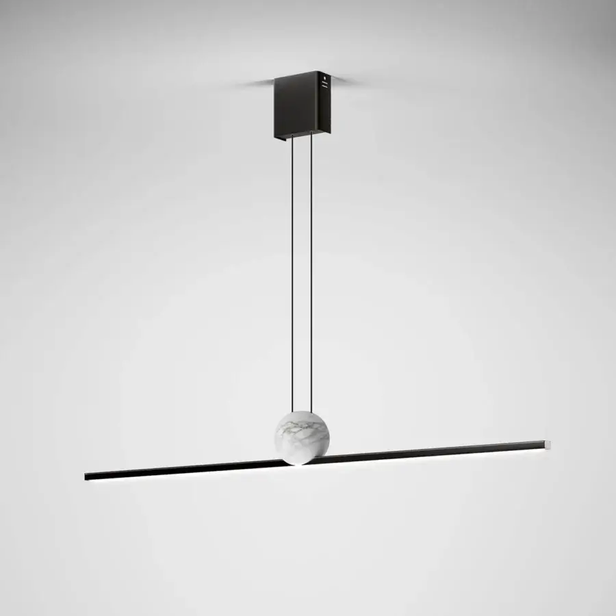 Distinguished Italamp Regolo suspension lamp with a linear metal structure and white marble sphere bisecting the sleek light bar