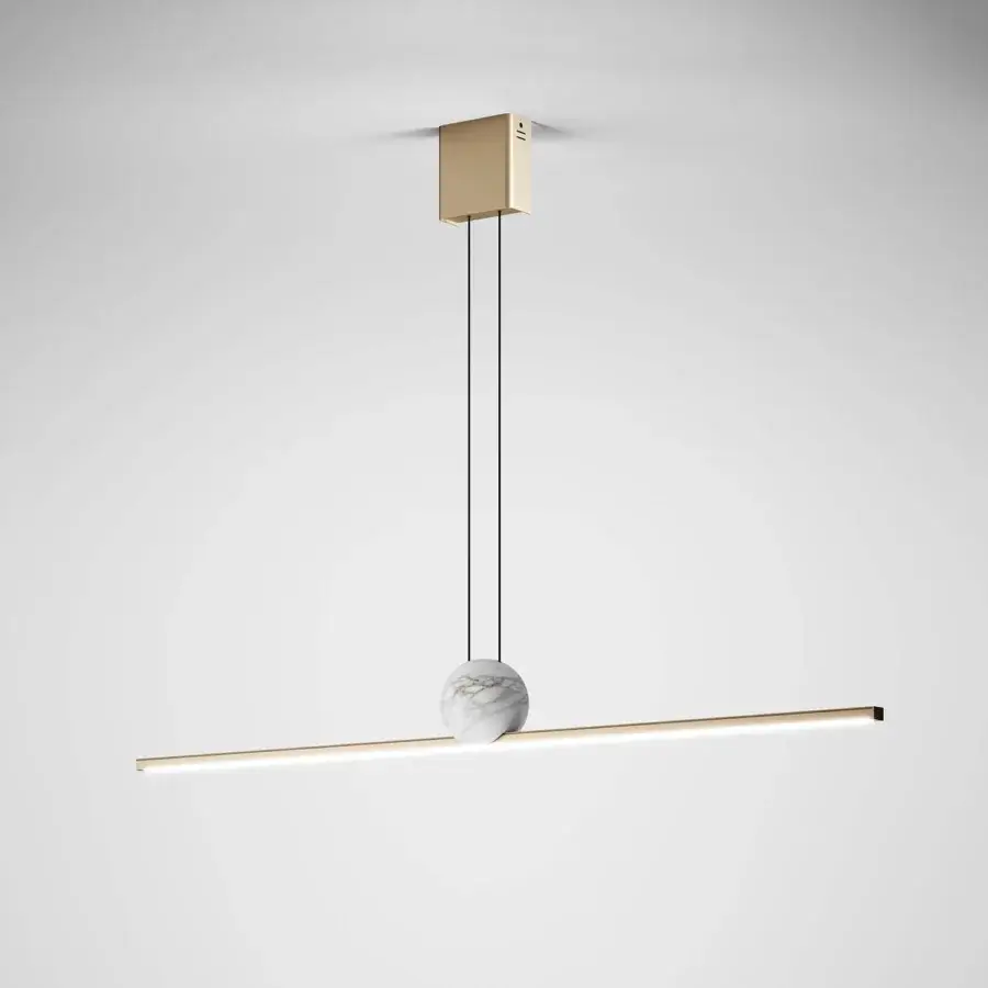 Exclusive Italamp Regolo suspension lamp with a linear metal structure and a decorative white marble sphere crafted in Italy