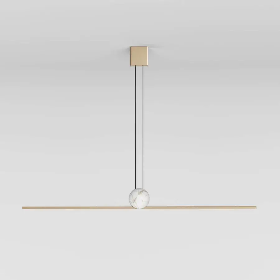 Elegant Italamp Regolo suspension lamp with a linear metal structure and white marbled sphere in gold-like finish