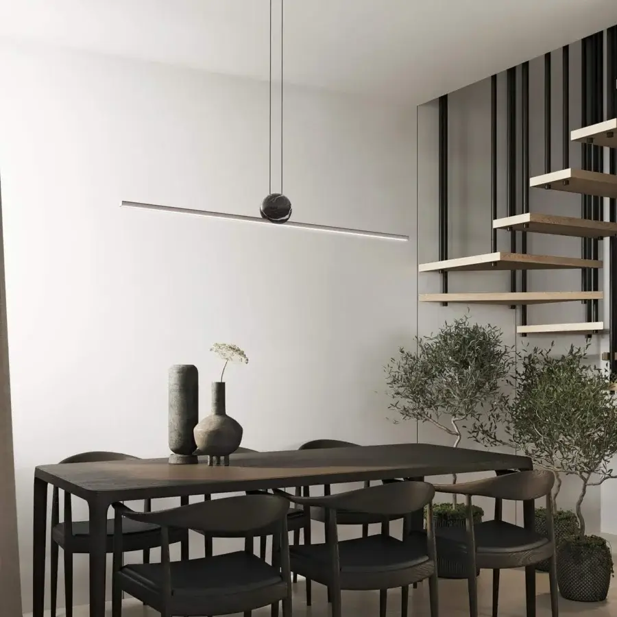 Avant-garde Italamp Regolo suspension lamp with a linear metal structure and integrated LED light bisected by a marble sphere