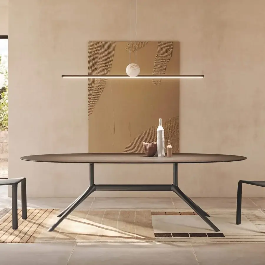 Exceptional Italamp Regolo suspension lamp with a linear metal structure and marble sphere detail in warm white light