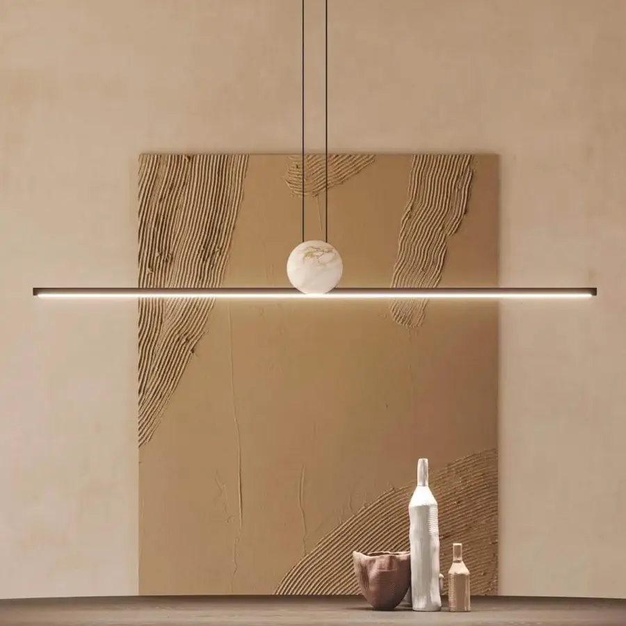 Sophisticated Italamp Regolo suspension lamp with a linear metal structure and creamy white marble sphere detail built with integrated LED lighting