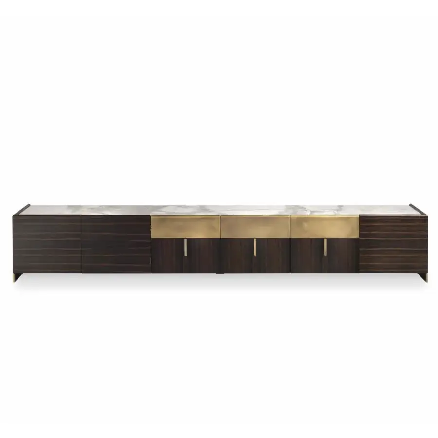 Superior Bellavista Milano sideboard with striated dark brown wood, light gray marble, plus gold brass accents