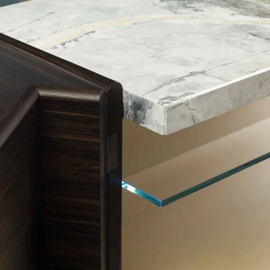 Exceptional Bellavista Milano sideboard built in dark brown European wood with a light marble top and brass accents
