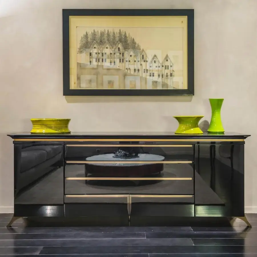 Elegant OAK Yuki sideboard with matt black lacquered wood and ebony finish, accented with bronzed brass fittings and glossy black drawers