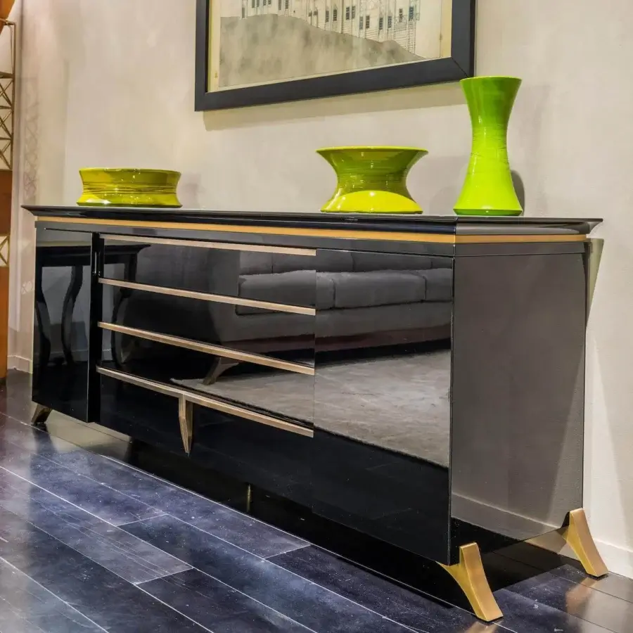 Exceptional OAK Yuki sideboard with matt black lacquered wood, rosewood finish and bronzed brass fittings