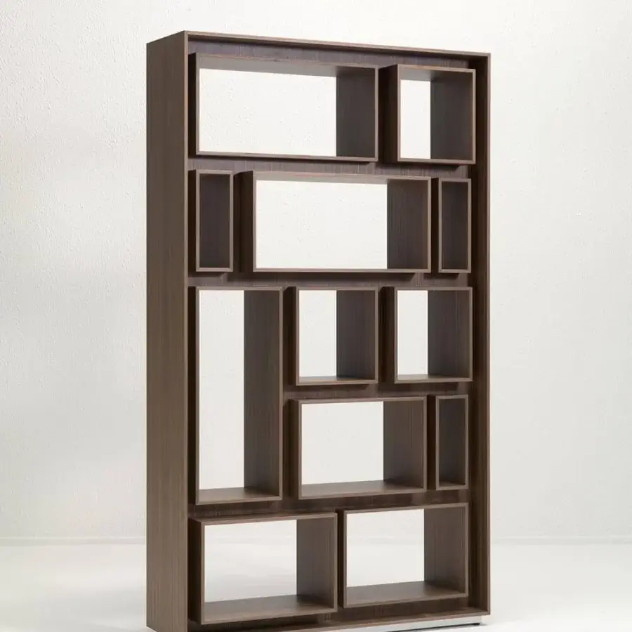 Distinguished Porada First bookcase crafted in canaletto walnut with asymmetrical shelving and a dark brown finish