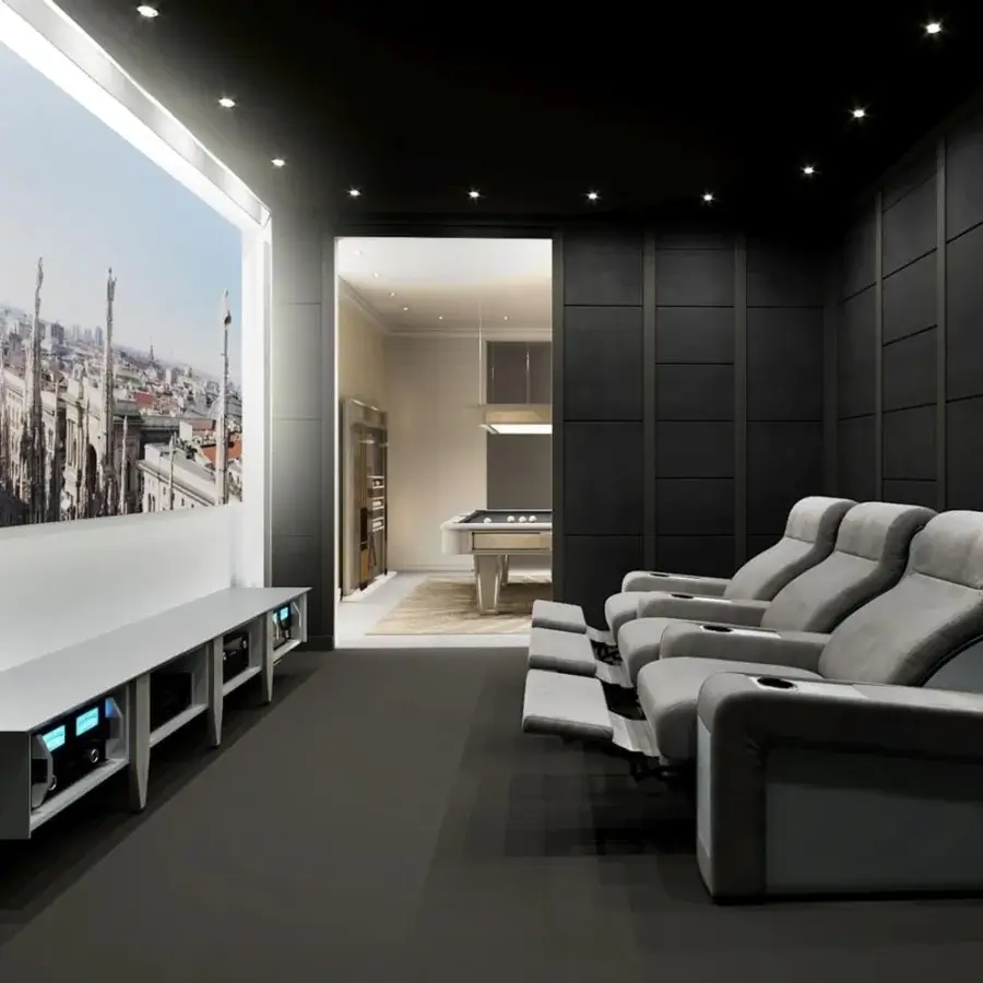 Distinguished Vismara Luxor home cinema seating with curved design and integrated chrome steel cupholders in smooth grey textile with glossy lacquered wood armrests