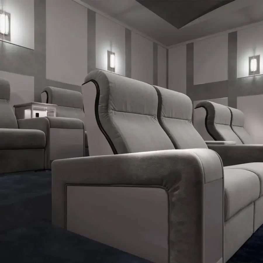 Innovative Vismara Luxor home cinema seating in medium gray textile with lacquered wood accents and chrome steel cupholders