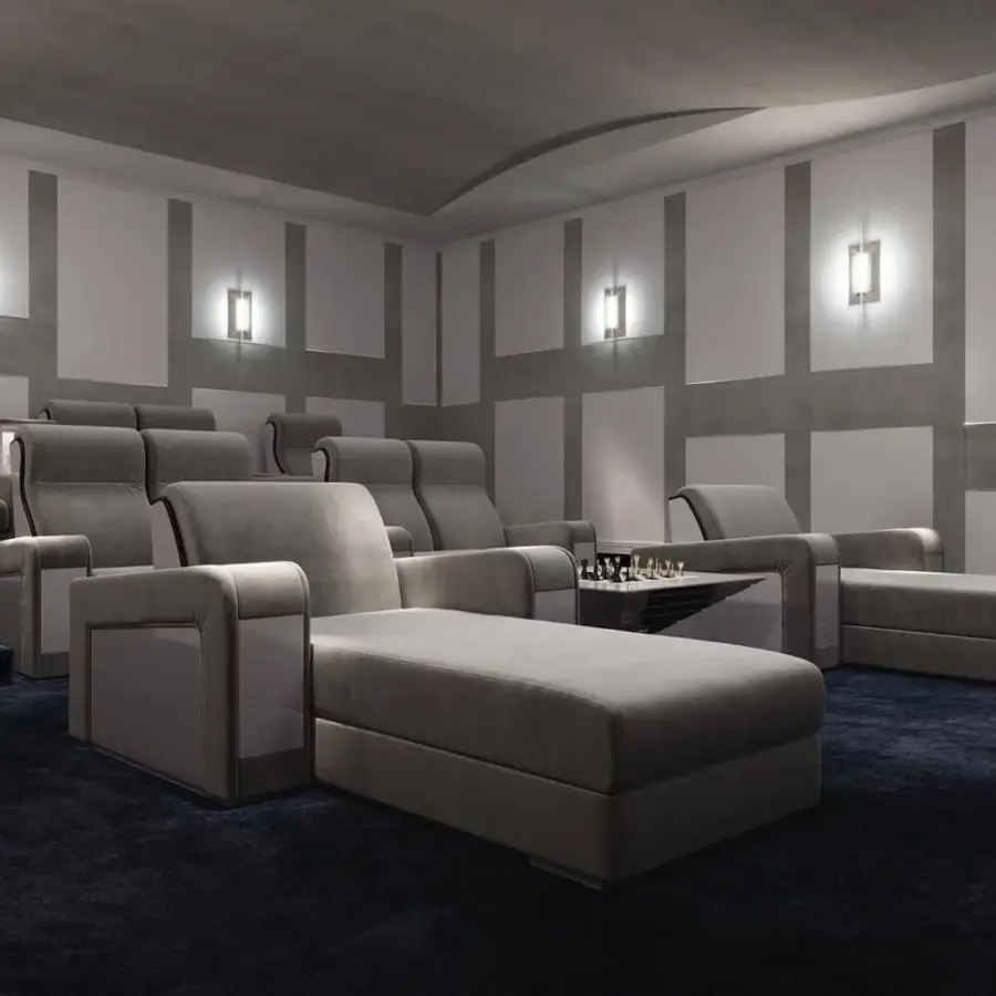 Elegant Vismara Luxor home cinema seating in smooth gray textile with glossy lacquered wood panels and electric recline function