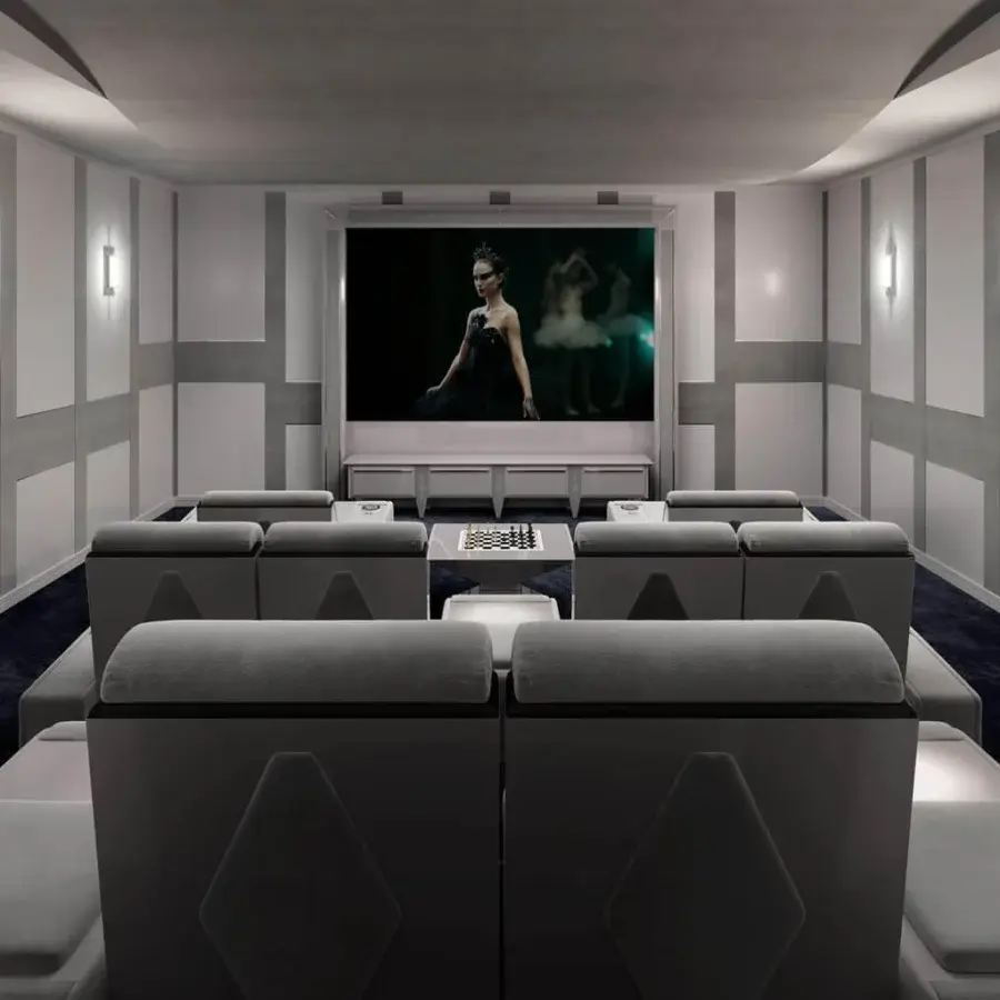 Superior Vismara Luxor home cinema seating in light gray textile with glossy lacquered wood armrests and chrome steel cupholders