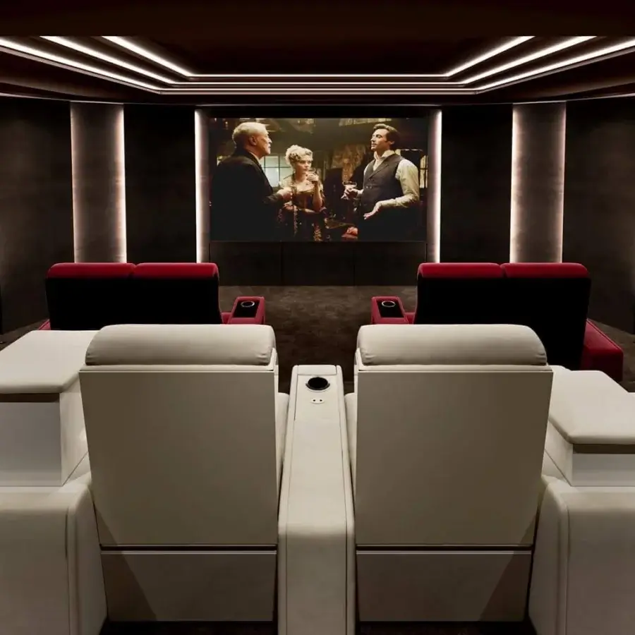 Exceptional Vismara Luxor home cinema seating in light beige textile with smooth matte finish and refined lacquered wood accents